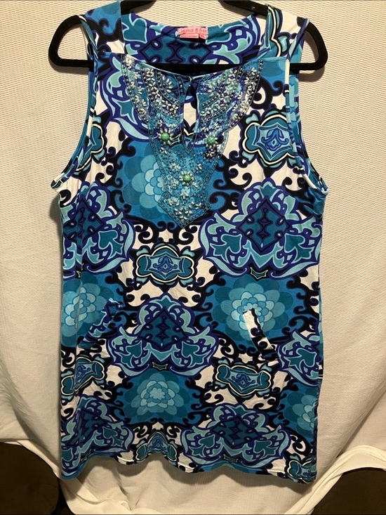 Joyous & Free Dresses & Skirts - Beaded Neckline Blue Patterned Midi Dress